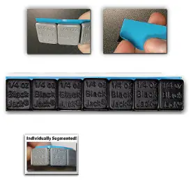 W-6025-fe-30 Blackjack Tire Repair 1/4oz Black Low Profile Stick-on Wheel Weights On Blue Easy Peel Tape